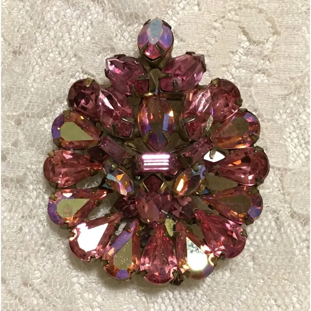 Vintage Pink Rhinestone Brooch Aurora Borealis Stones